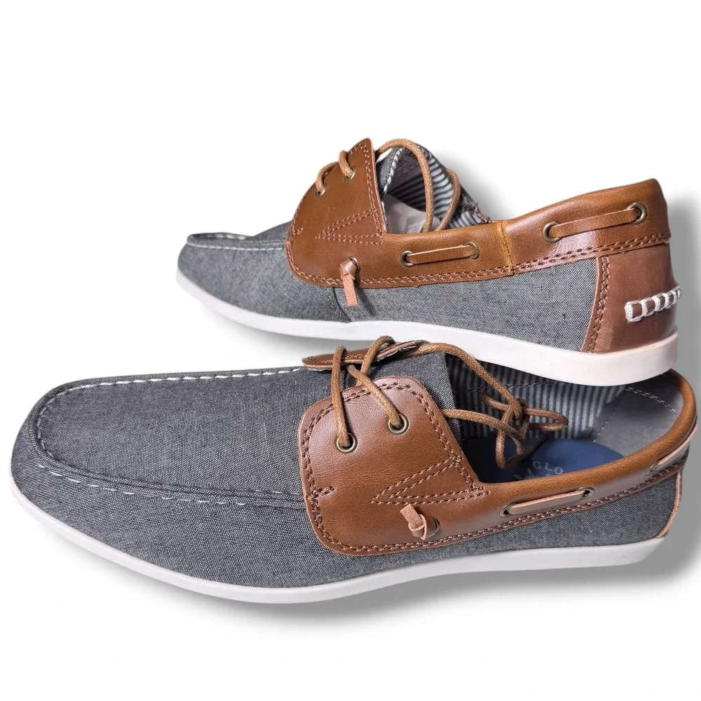 Globalwin Mens Sz 8.5 US Denim Boat Shoes Brown Leather Accents Lace Up Casual